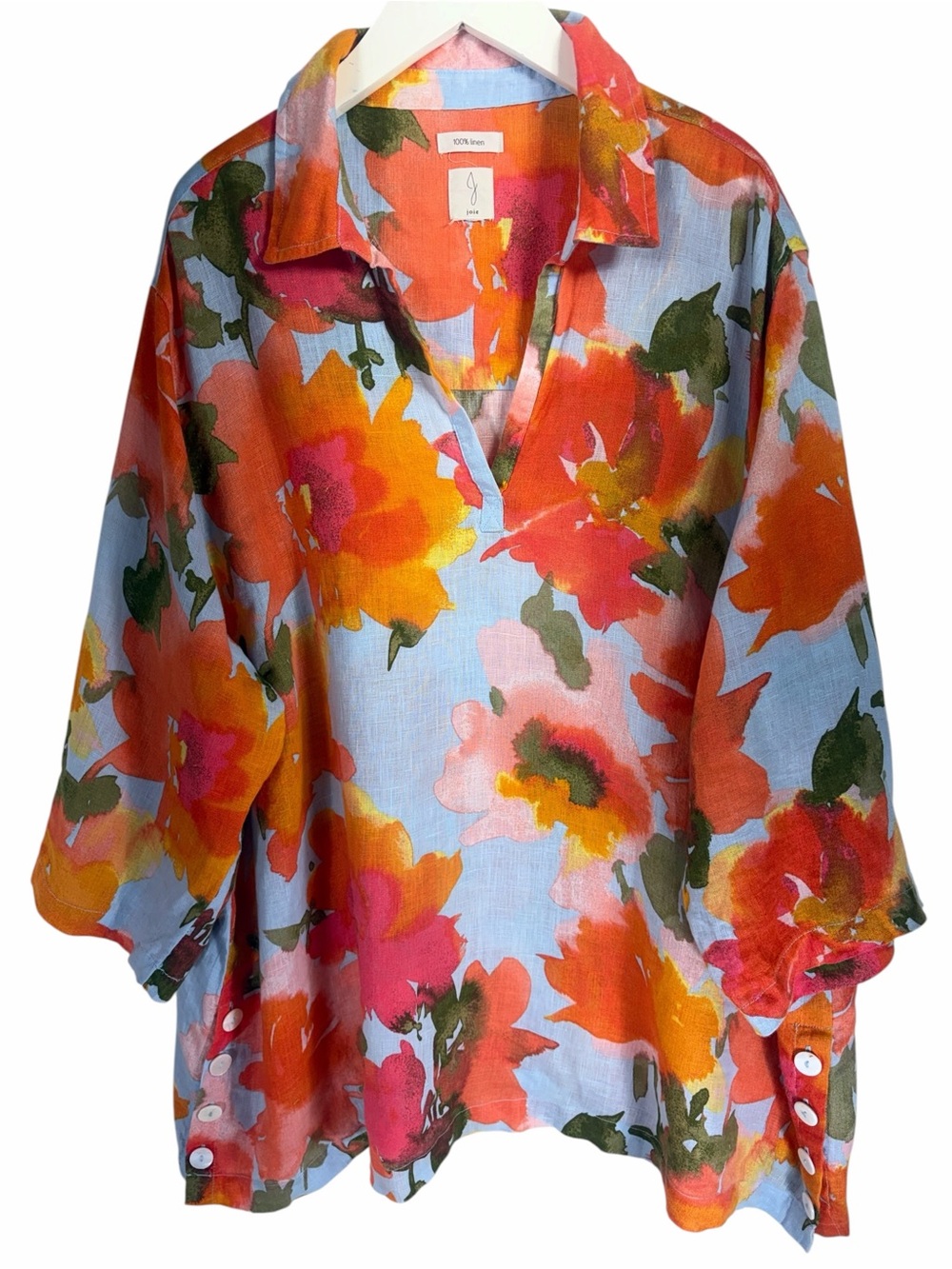 JOIE Light Blue Floral 100% linen Linen Tunic Top over size - Picture 3 of 12